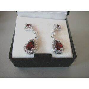 Sterling Silver Teardrop Red Semi Garnet & CZ Dangle Earrings